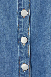 Product shot of the Vale Scalloped Denim Dress in colour Midblue (Blue), detail