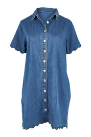 Product shot of the Vale Scalloped Denim Dress in colour Midblue (Blue), from the front