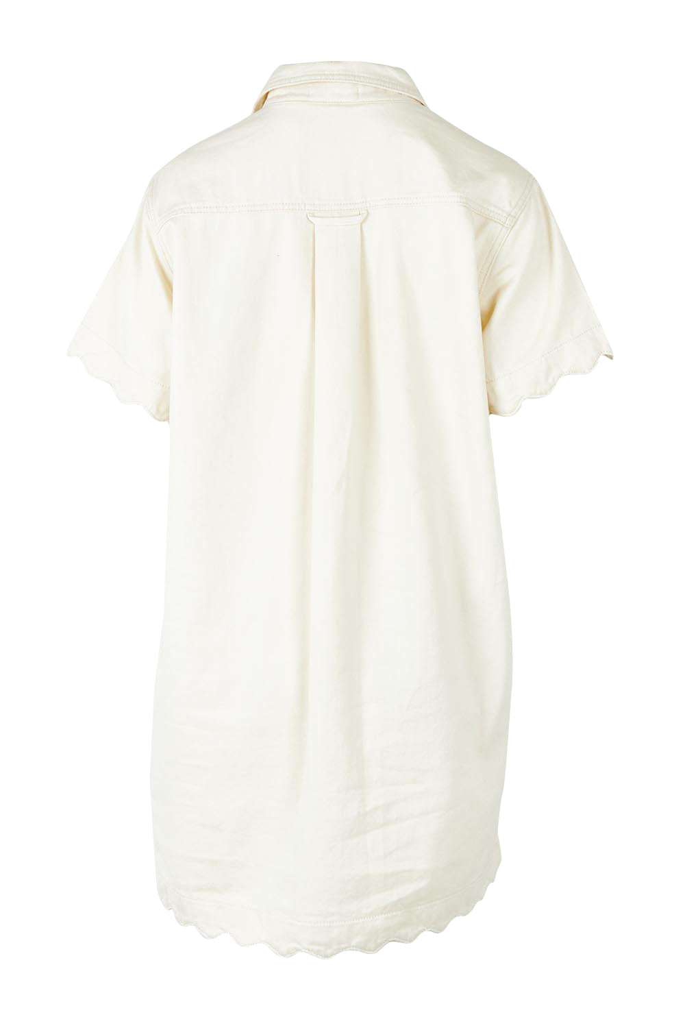 Product shot of the Vale Scalloped Denim Dress in colour Parchment (White), from the back