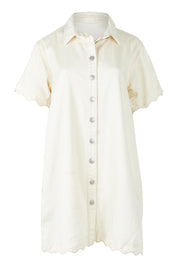Product shot of the Vale Scalloped Denim Dress in colour Parchment (White), from the front