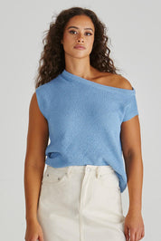 A model wearing the Jaci Cotton Blend Knit Top in colour Blue (Blue), from the front, cropped image