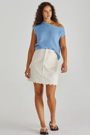 A model wearing the Jaci Cotton Blend Knit Top in colour Blue (Blue), from the front, showing the whole outfit