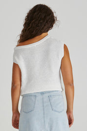 A model wearing the Jaci Cotton Blend Knit Top in colour White (White), from the back