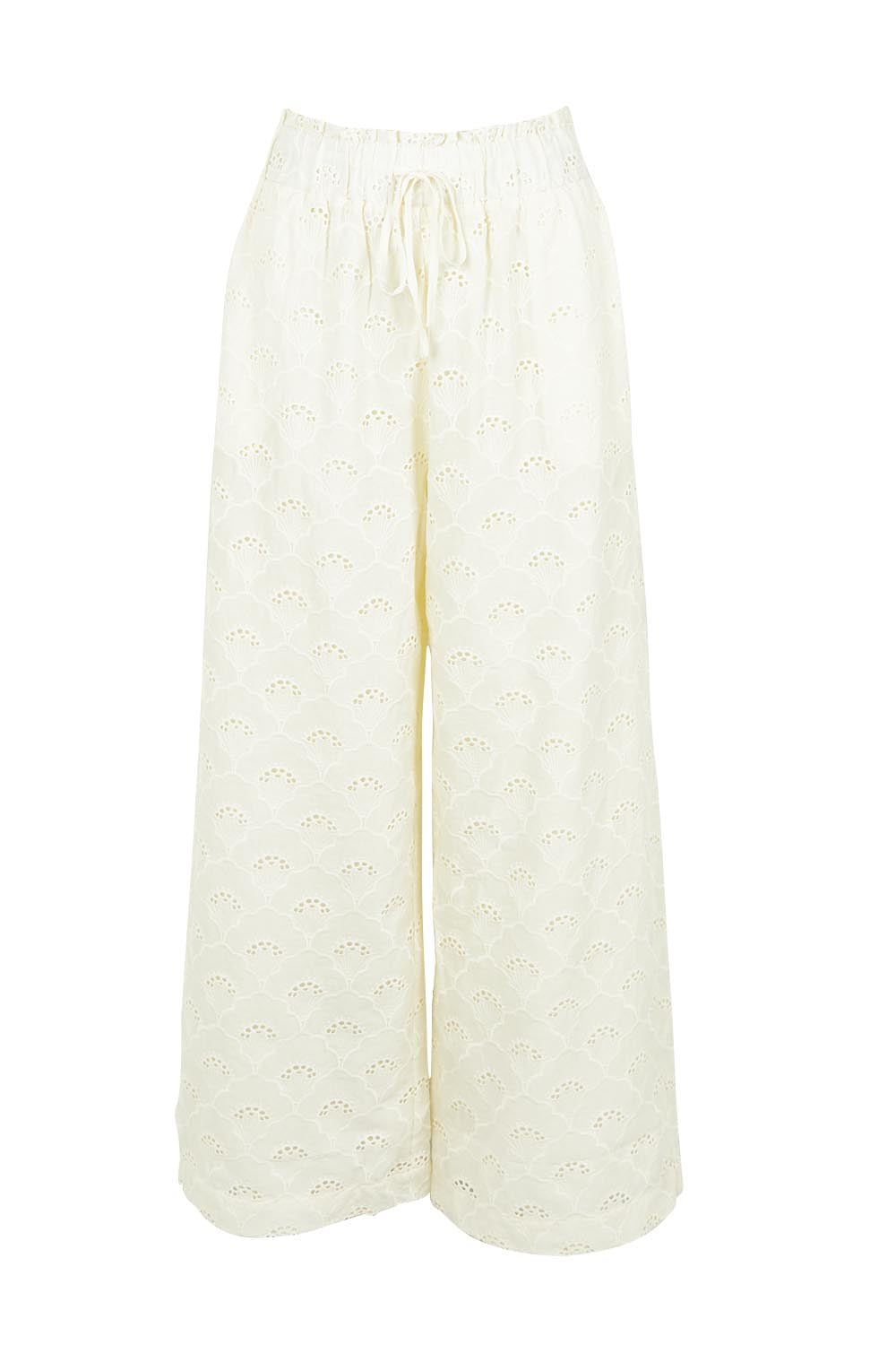 Product shot of the Zimmy Broderie Cotton Pant in colour Cream (White), from the front