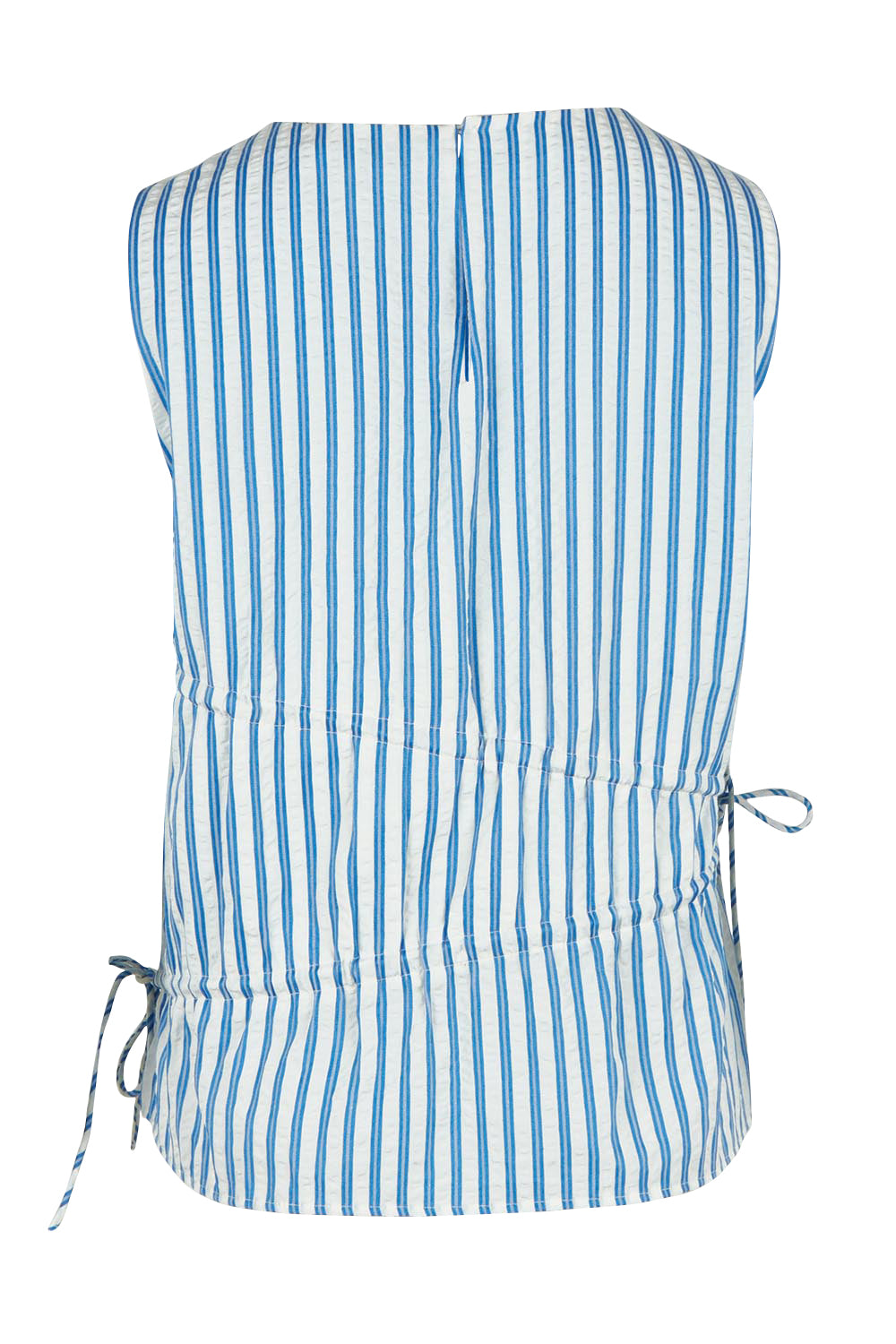 Product shot of the Aziza Gathered Tie Top in colour Bluewhite (Blue), from the back
