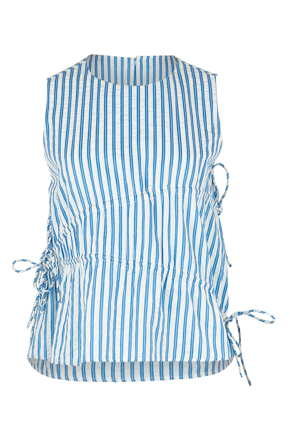 Product shot of the Aziza Gathered Tie Top in colour Bluewhite (Blue), from the front