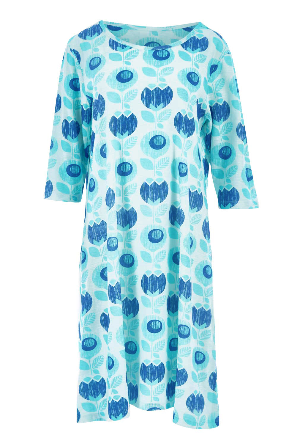 Product shot of the Vacker Dress in colour BlueFlower (Blue), from the front