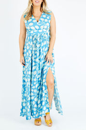 Model Jess wearing size 14 of the Fika Spring Dress in colour Grape (White), from the front, cropped image