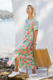 Model Phoebe wearing size 10 of the Helg Tee Dress in colour Crelingon, from the front, showing the whole outfit