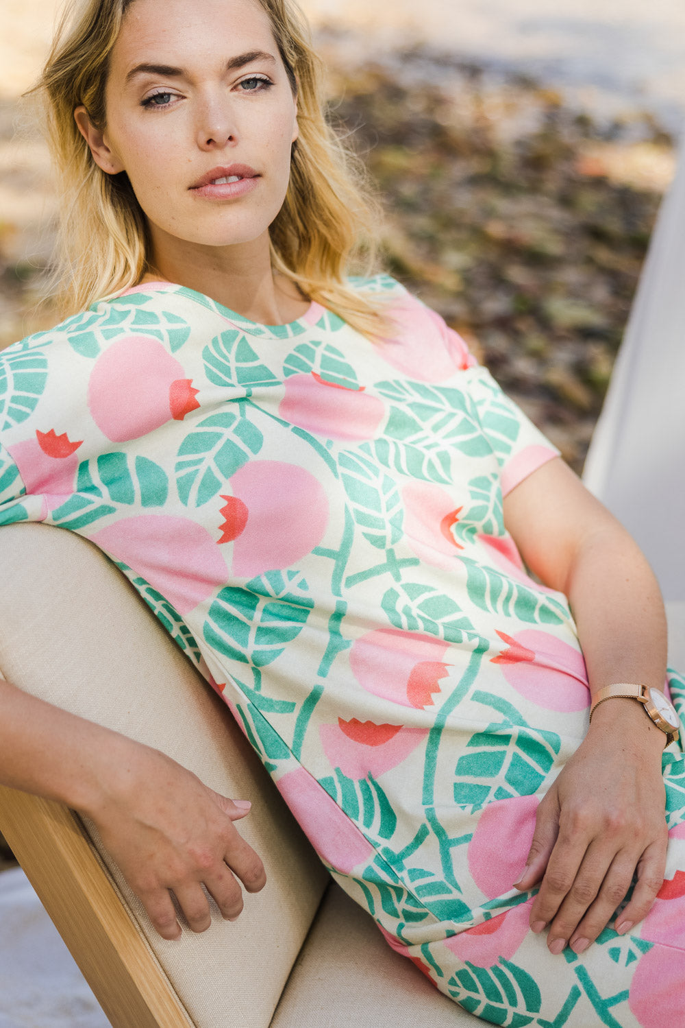 Model Phoebe wearing size 10 of the Helg Tee Dress in colour Crelingon, from the front, showing the whole outfit