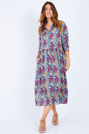 Model Laura wearing size 14 of the Lekfull Shirt Dress in colour Forage (Blue), from the front, showing the whole outfit
