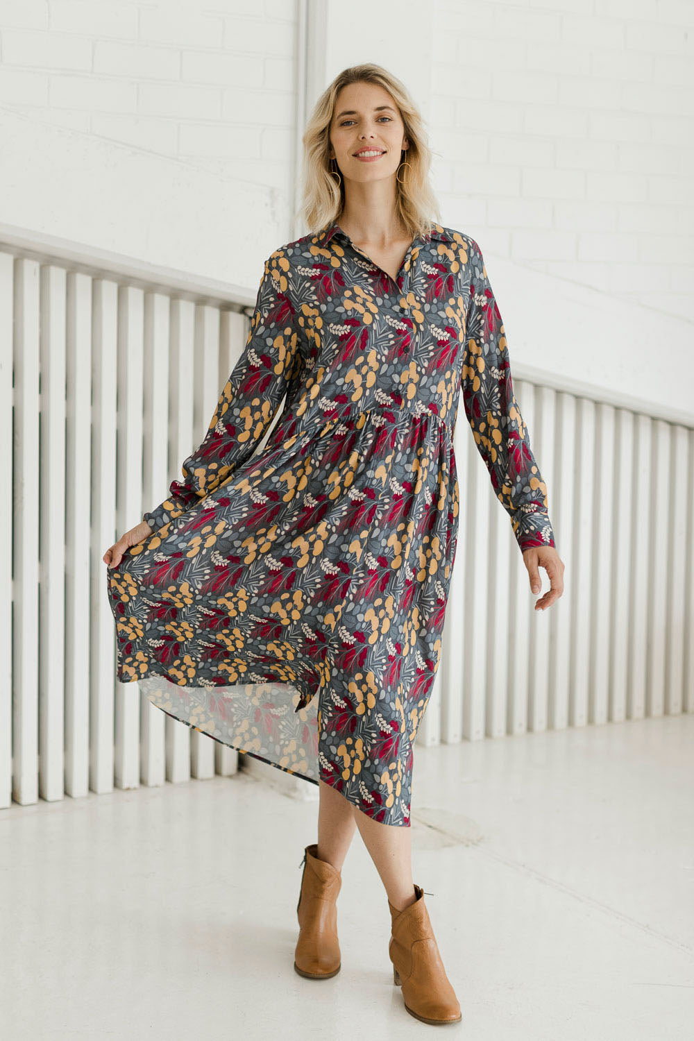 Model Phoebe wearing size 10 of the Lekfull Shirt Dress in colour Forage (Blue), from the front, showing the whole outfit