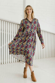Model Phoebe wearing size 10 of the Lekfull Shirt Dress in colour Forage (Blue), from the front, showing the whole outfit