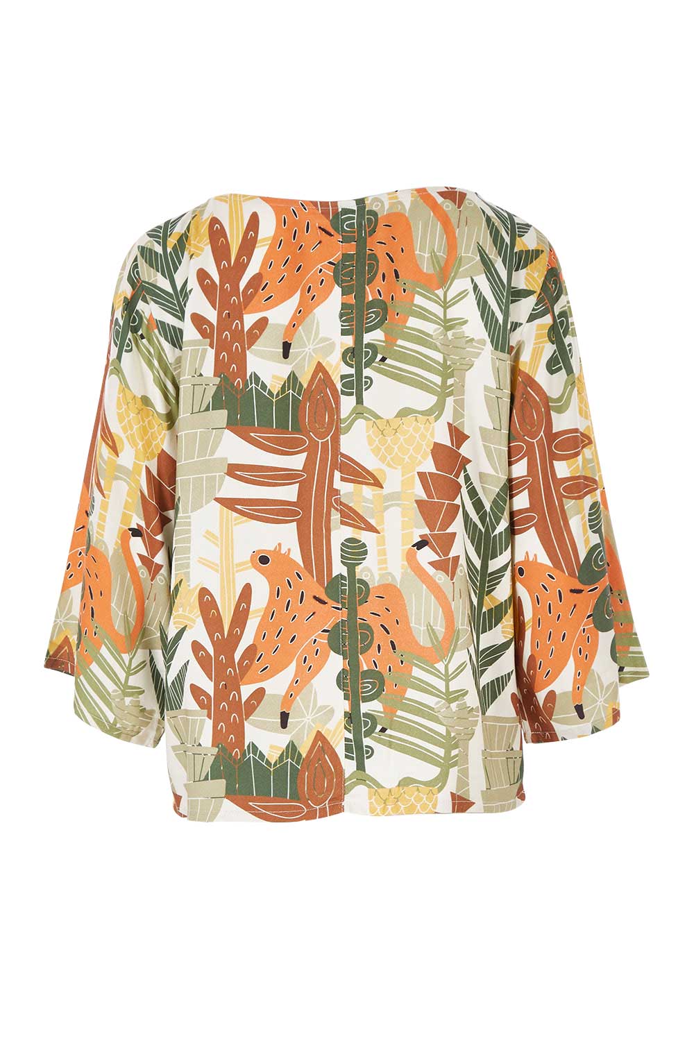 Product shot of the Avslappnad Top in colour Animal (Green), from the back