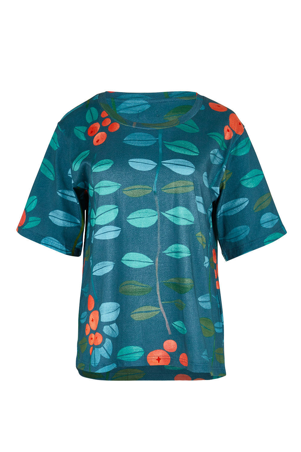 Product shot of the Solsken Tee in colour Navjuniper (Blue), from the front