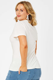 Model Jess wearing size 14 of the Mid Century Cotton Print Tee in colour White (White), from the back