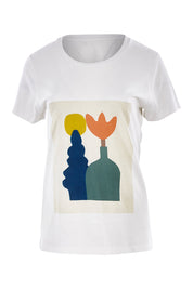 Product shot of the Mid Century Cotton Print Tee in colour White (White), from the front