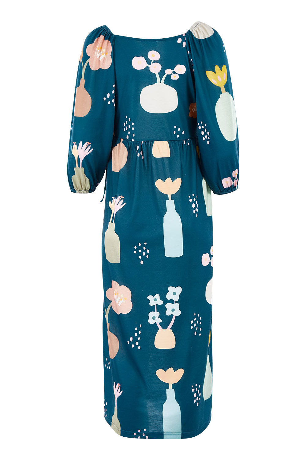 Product shot of the Romantik Dress in colour Vases (Blue), from the back