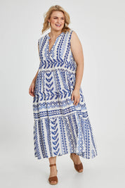 Model Keeara wearing size 16 of the Mollymook Cotton Maxi Dress in colour Blue (Blue), from the front, showing the whole outfit