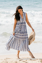 Model Stacey wearing size 10 of the Mollymook Cotton Maxi Dress in colour Blue (Blue), from the front, showing the whole outfit