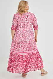 Model Keeara wearing size 16 of the Lucky Bay Cotton Maxi Dress in colour Pink (Pink), from the back