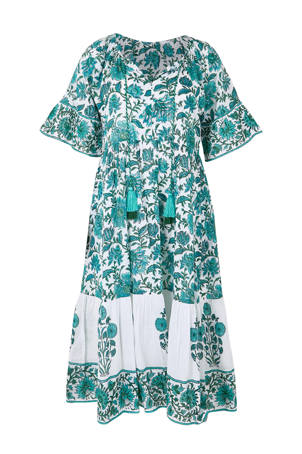 Product shot of the Cocora Valley Cotton Dress – Greenaqua in colour Greenaqua, from the front