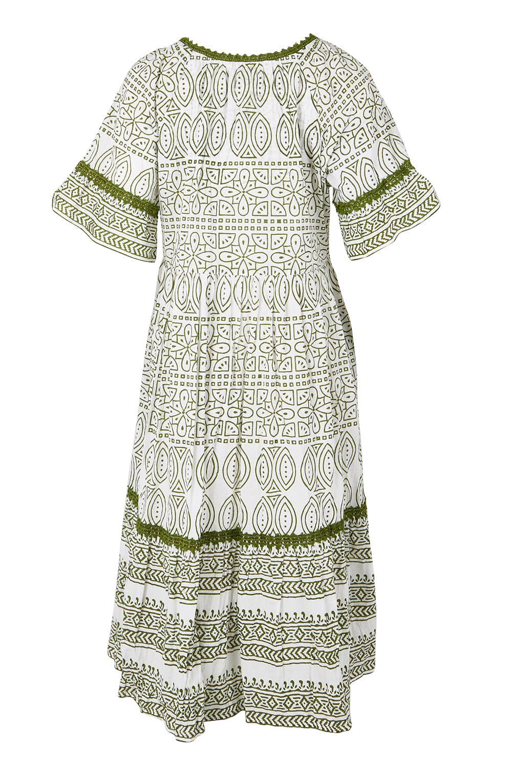 Product shot of the Cocora Valley Cotton Dress – Olive in colour Olive, from the back