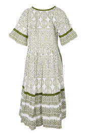 Product shot of the Cocora Valley Cotton Dress – Olive in colour Olive, from the back