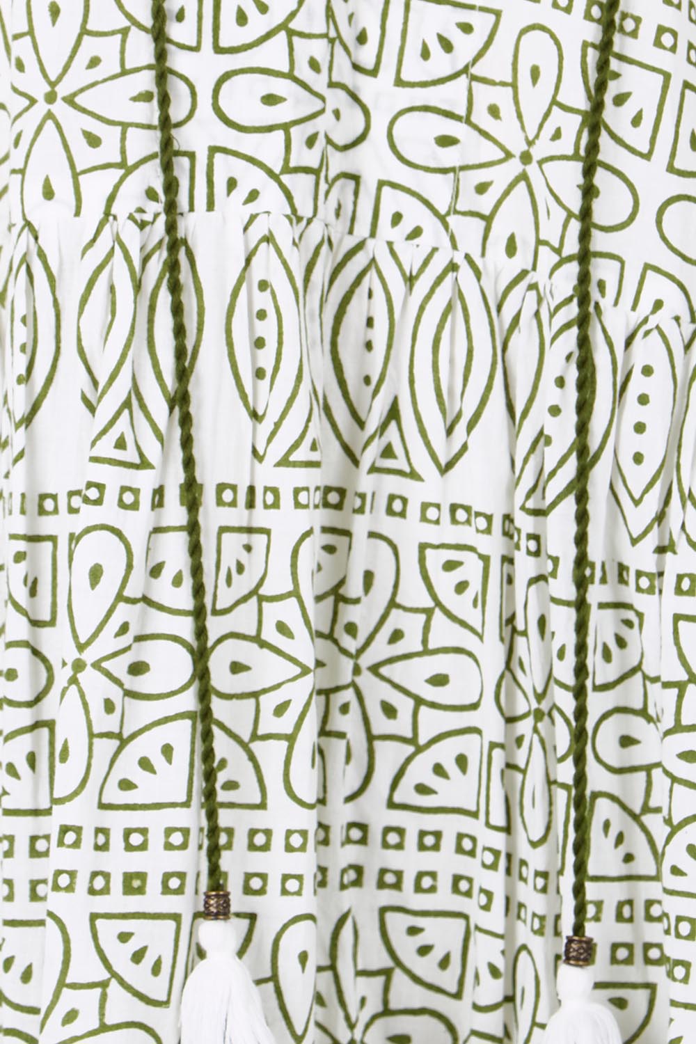 Product shot of the Cocora Valley Cotton Dress – Olive in colour Olive, showing detail