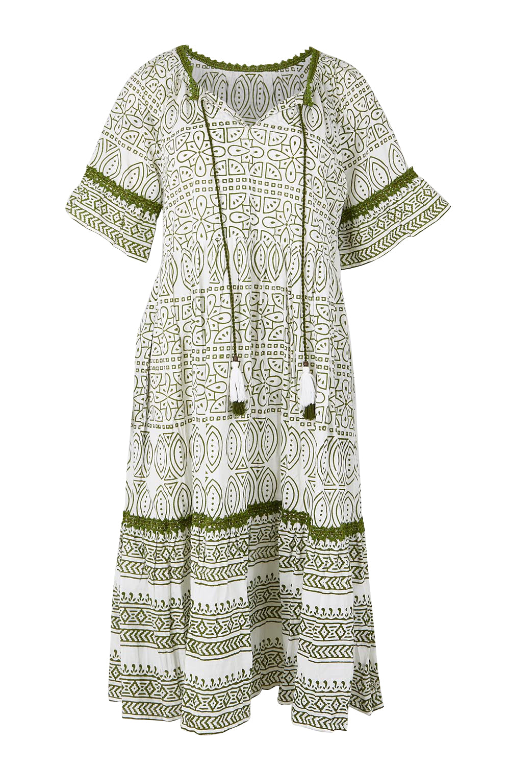Product shot of the Cocora Valley Cotton Dress – Olive in colour Olive, from the front