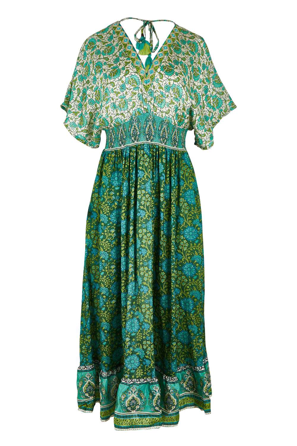 Product shot of the Pacific Beach Long Dress in colour Whitegreen (Green), from the front