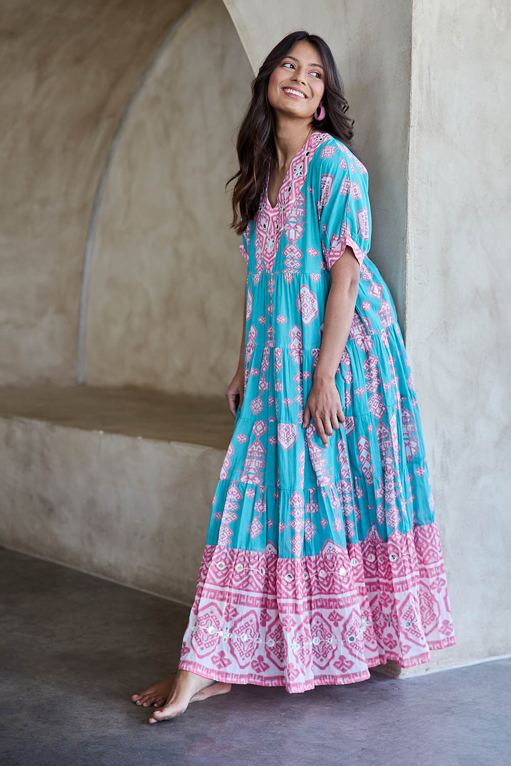 Model Tahneei wearing size 10 of the Jim Jim Falls Cotton Long Dress – Bluepink in colour Bluepink, from the front