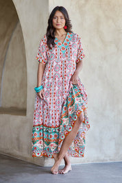 Model Tahneei wearing size 10 of the Jim Jim Falls Cotton Long Dress – Mosaic in colour Mosaic, from the front