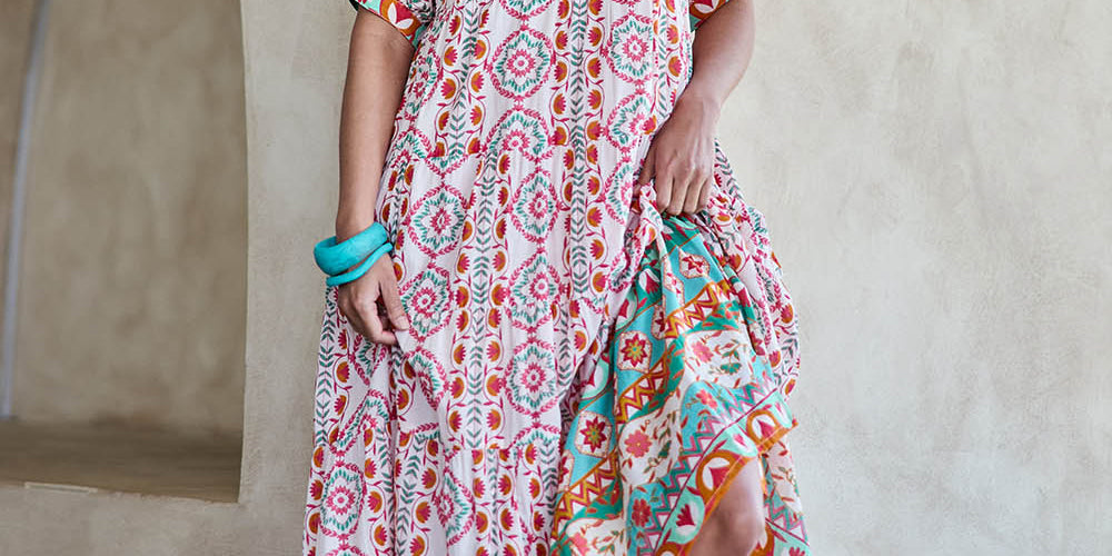 Model Tahneei wearing size 10 of the Jim Jim Falls Cotton Long Dress – Mosaic in colour Mosaic, from the front