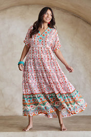Model Tahneei wearing size 10 of the Jim Jim Falls Cotton Long Dress – Mosaic in colour Mosaic, from the front