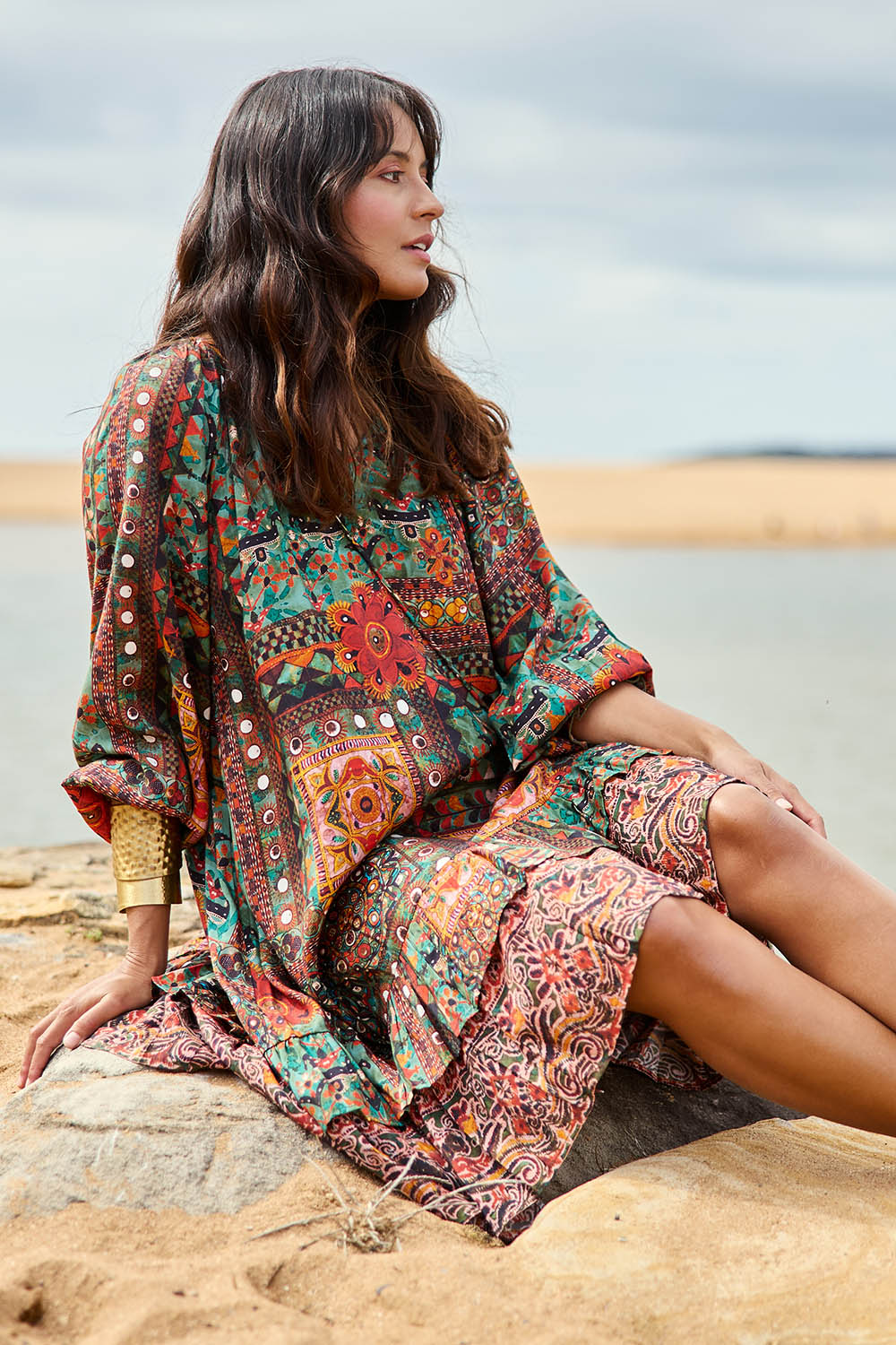 Model Tahnee wearing size 10 of the Sandy Creek Falls Dress in colour Heritage, from the front, showing the whole outfit