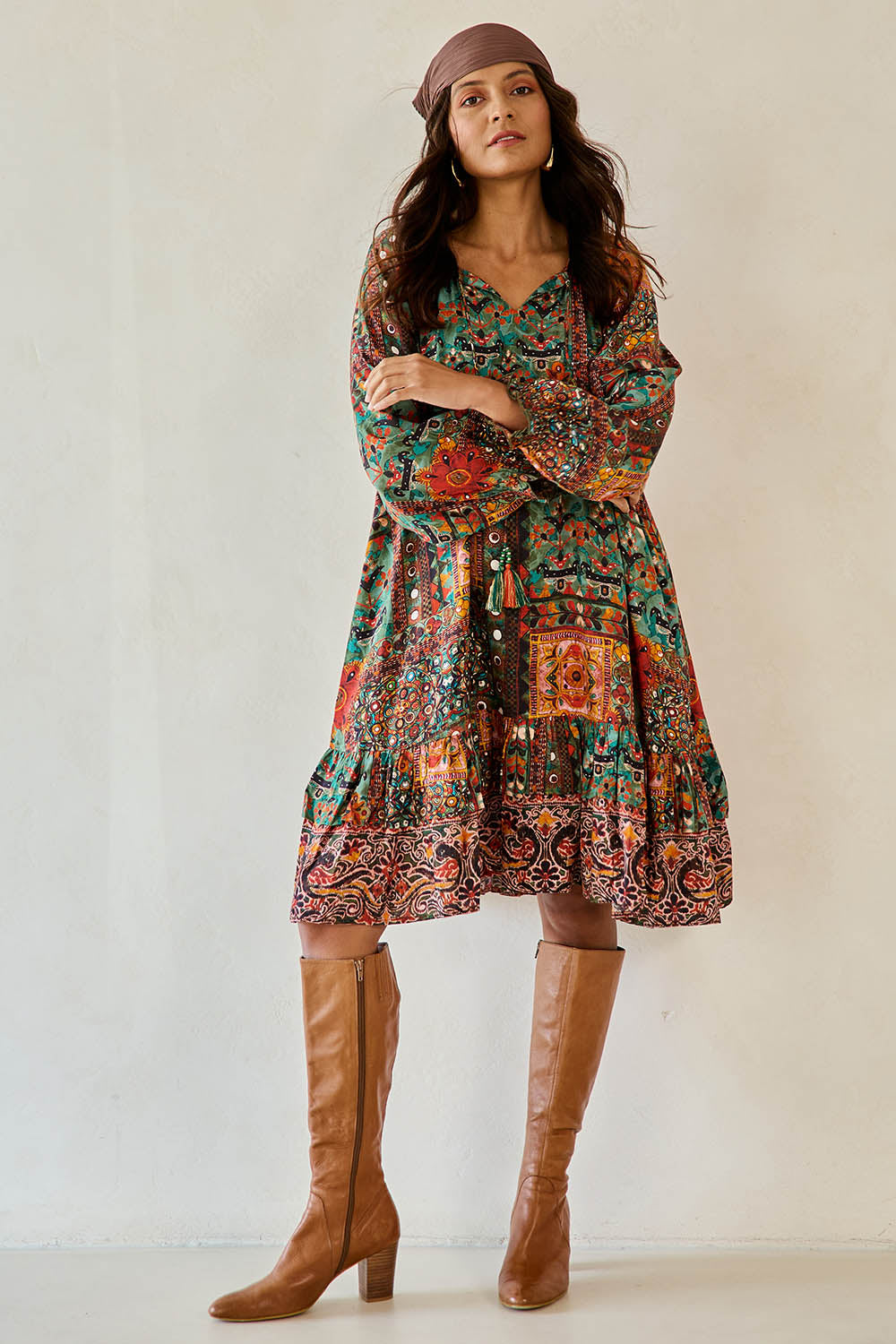 Model Tahnee wearing size 10 of the Sandy Creek Falls Dress in colour Heritage, from the front, showing the whole outfit