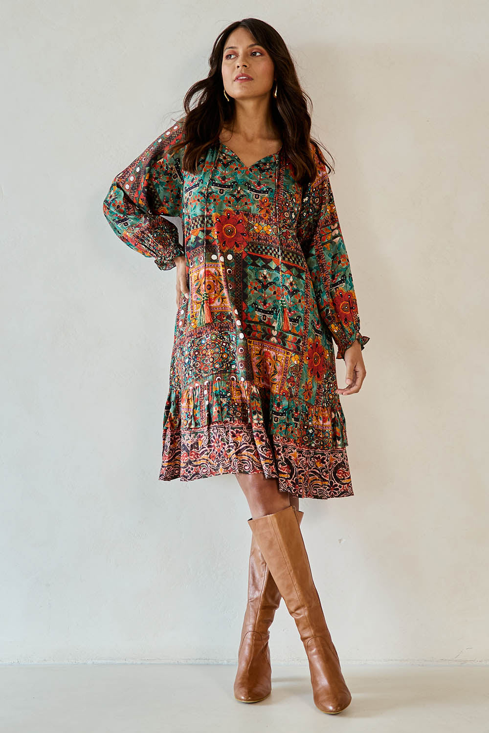 Model Tahnee wearing size 10 of the Sandy Creek Falls Dress in colour Heritage, from the front, showing the whole outfit