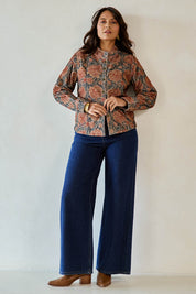 Model Tahnee wearing size 10 of the Adelong Falls Corduroy Jacket in colour Ornate, from the front, showing the whole outfit