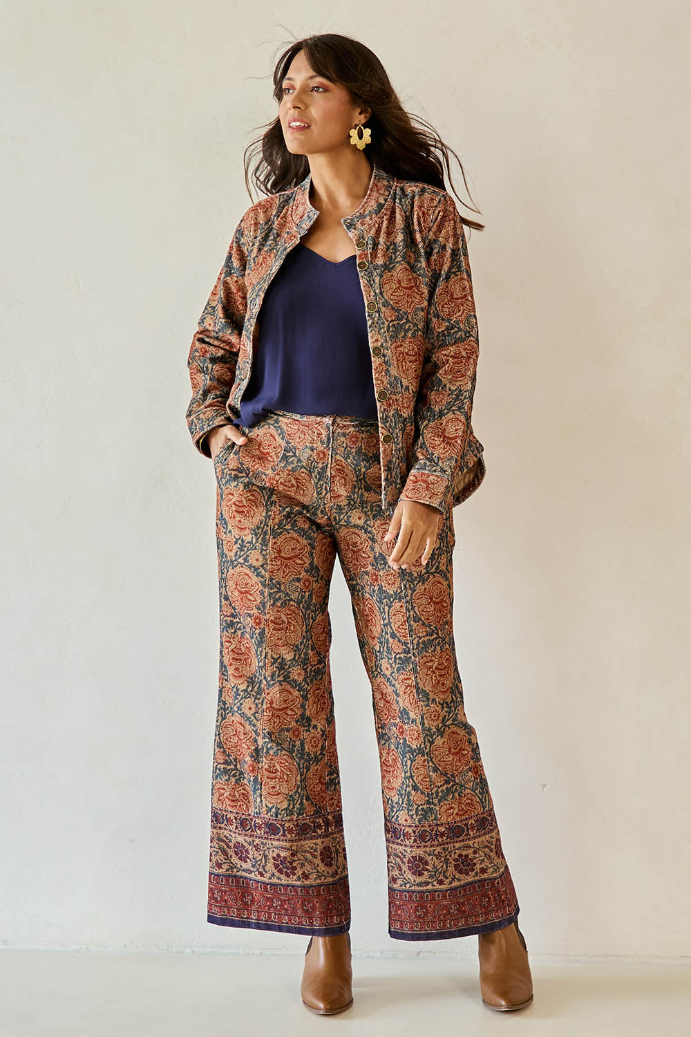 Model Tahnee wearing size 10 of the Adelong Falls Corduroy Jacket in colour Ornate, from the front, showing the whole outfit