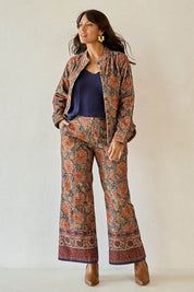 Model Tahnee wearing size 10 of the Adelong Falls Corduroy Jacket in colour Ornate, from the front, showing the whole outfit