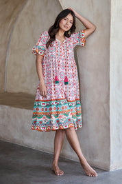 Model Tahneei wearing size 10 of the Tea Tree Bay Cotton Dress – Mosaic in colour Mosaic, from the front