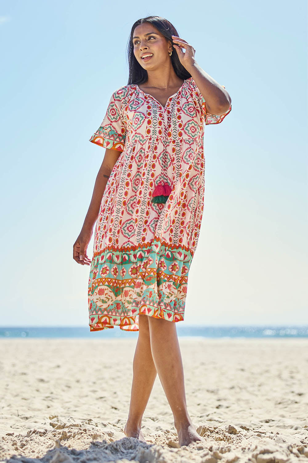 Model Tahneei wearing size 14 of the Tea Tree Bay Cotton Dress – Mosaic in colour Mosaic, from the front