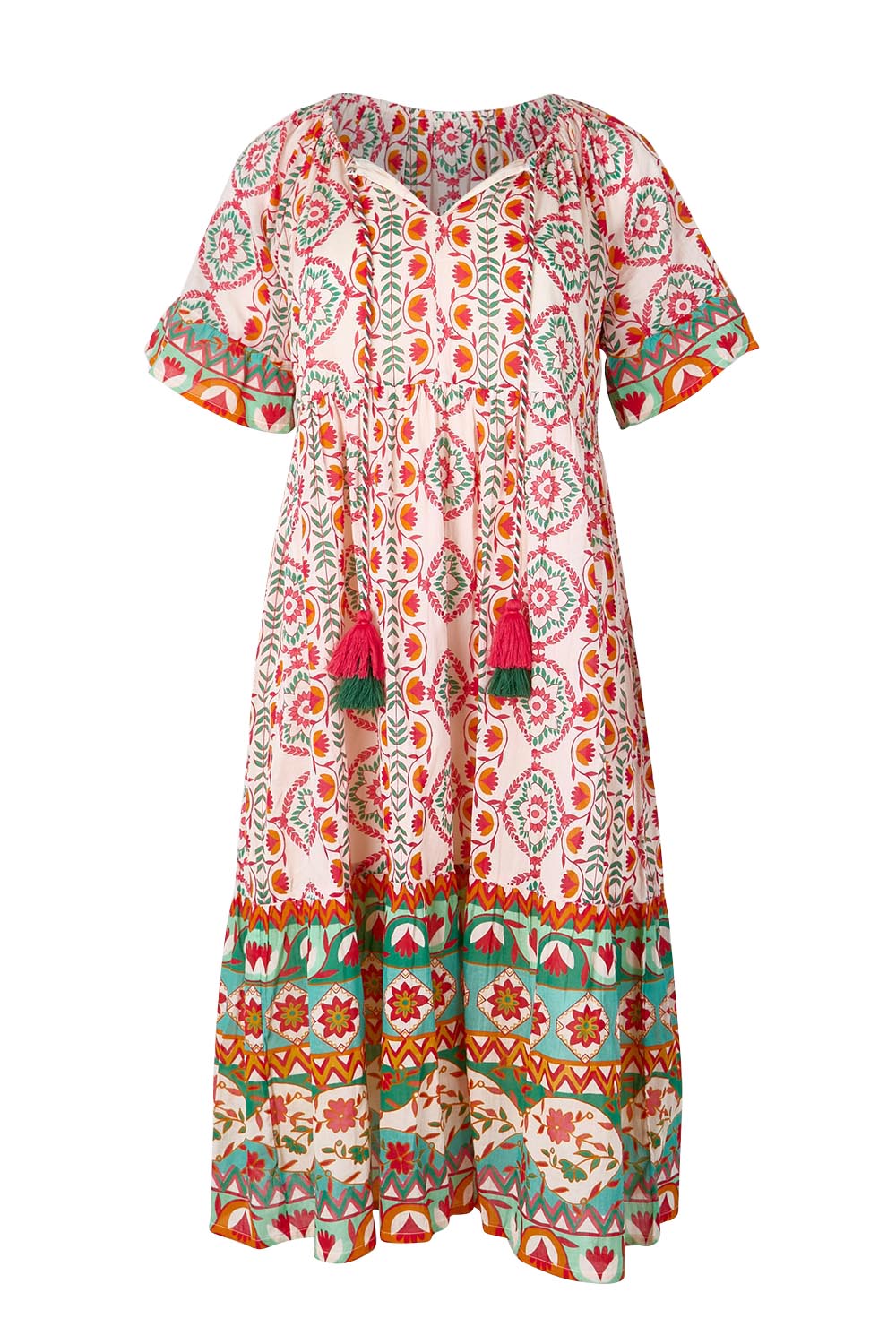 Product shot of the Tea Tree Bay Cotton Dress – Mosaic in colour Mosaic, from the front
