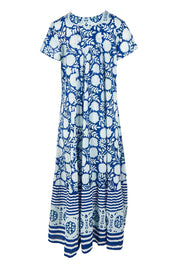 Product shot of the Kurrawa Beach Long Cotton Dress in colour Blue (Blue), from the back