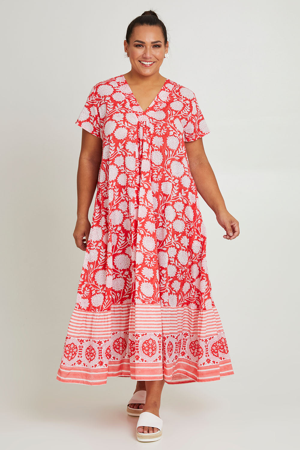 Model Ashleigh wearing size 16 of the Kurrawa Beach Long Cotton Dress in colour Redcoral (Red), from the front, showing the whole outfit
