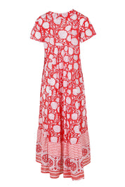 Product shot of the Kurrawa Beach Long Cotton Dress in colour Redcoral (Red), from the back