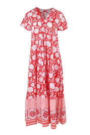 Product shot of the Kurrawa Beach Long Cotton Dress in colour Redcoral (Red), from the front