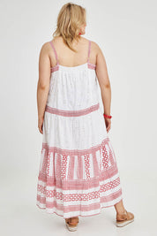 Model Keeara wearing size 16 of the Whitehaven Beach Maxi Dress in colour Redwhite (White), from the back