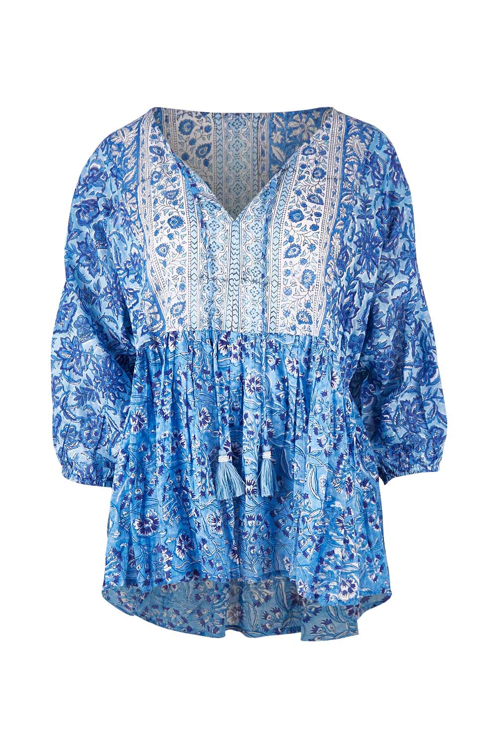 Product shot of the Rosebud Beach Cotton Blouse in colour Blue (Blue), from the front